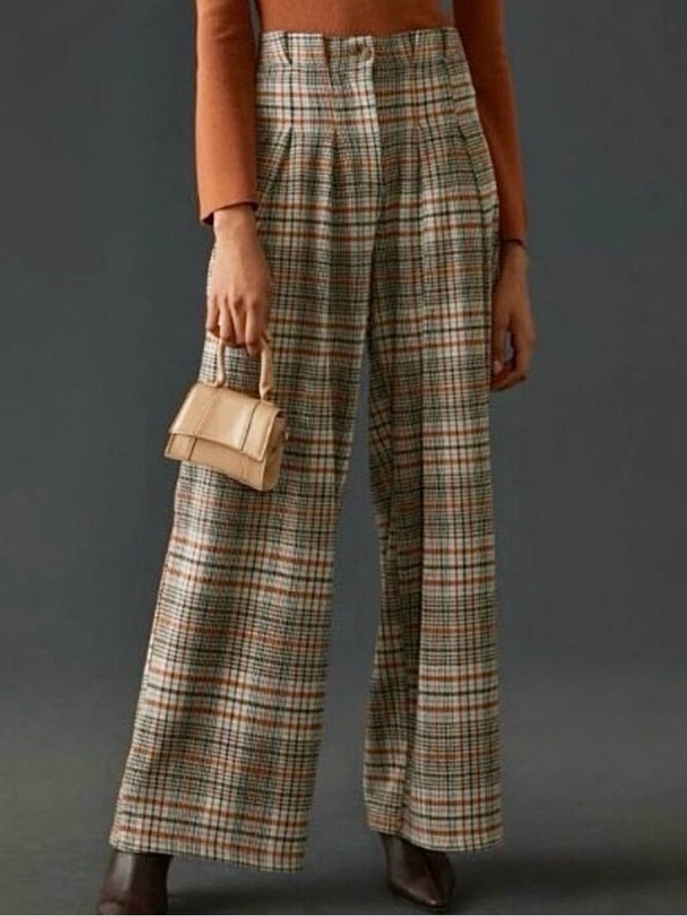 Anthropologie Maeve Avery Plaid Pleated Knit Wide Leg Pant 6 Tall